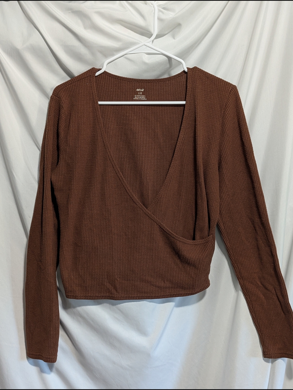 aerie Waffle-Knit Wrap-Front Long Sleeve Top in Brown